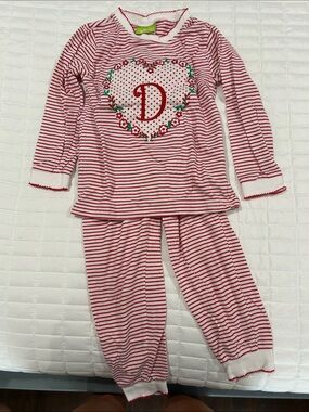 Girls Red Stripe Heart Monogram Pajama Set - D Initial